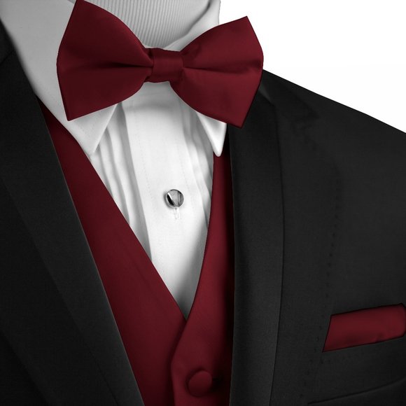 Men's Formal Wedding Prom Homecoming Tuxedo Vest Bow-Tie Hankie - Burgundy Satin - Picture 1 of 4